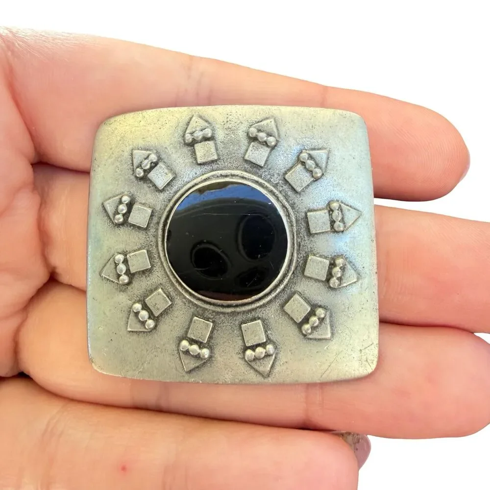 Vintage Jewelry Silver Tone and Black Stone Brooch Aztec Pin